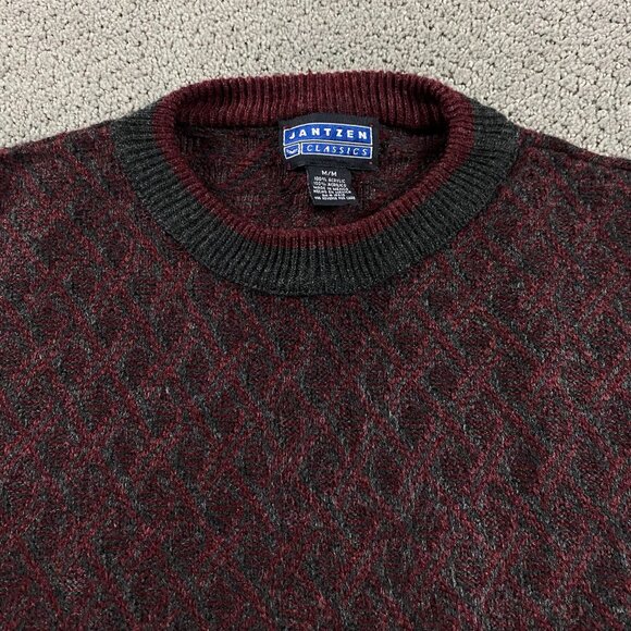 Vintage Jantzen Sweater Men's Medium Burgundy Gray Grunge Grandpa Dad Crewneck - Picture 2 of 9